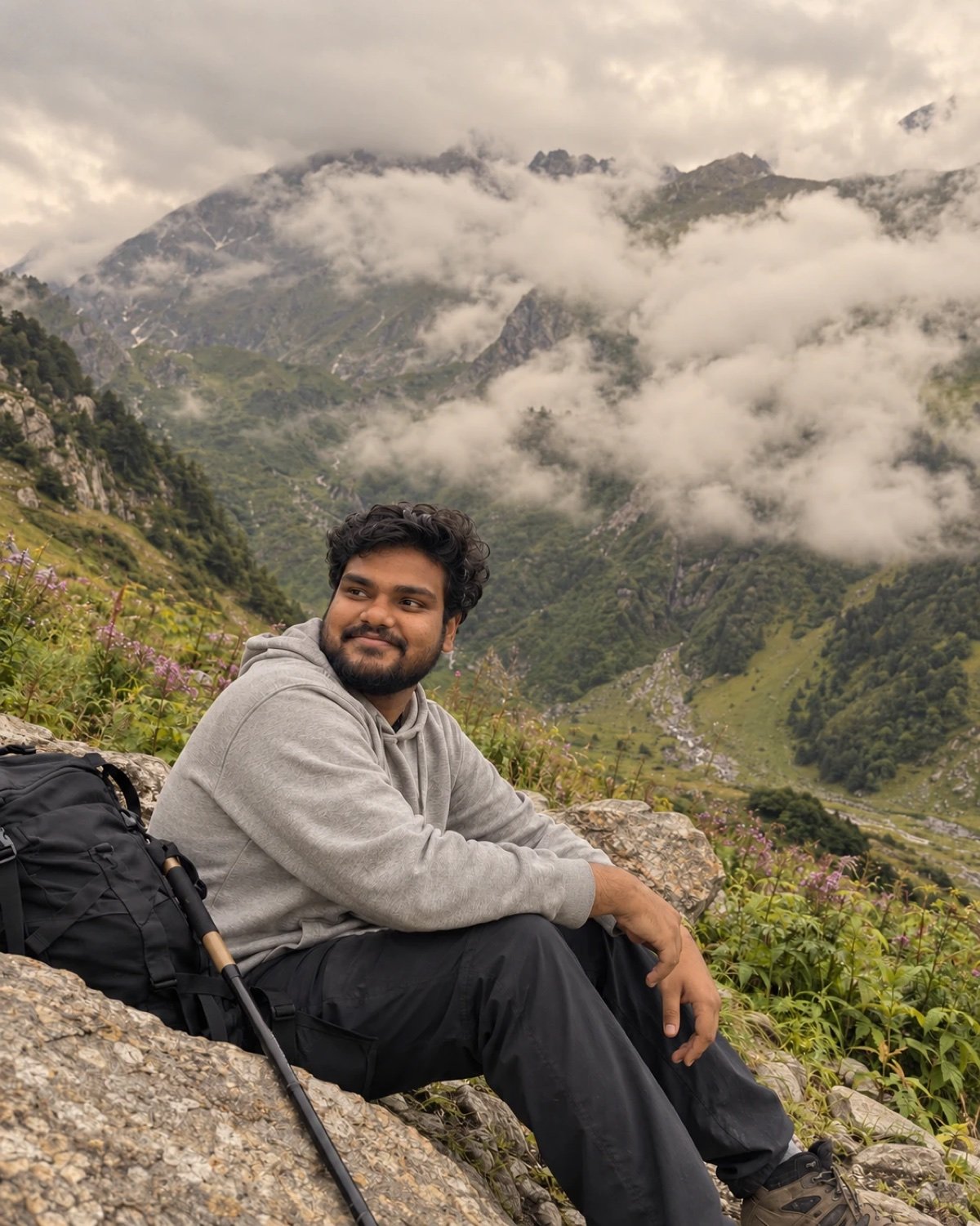 Ashish resting on a Himalayan trail in the Valley of Flowers
