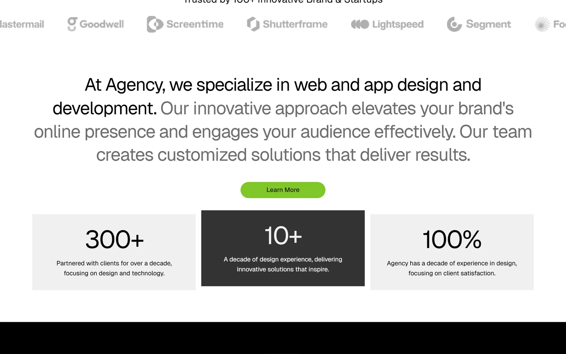 Agency, further down the homepage