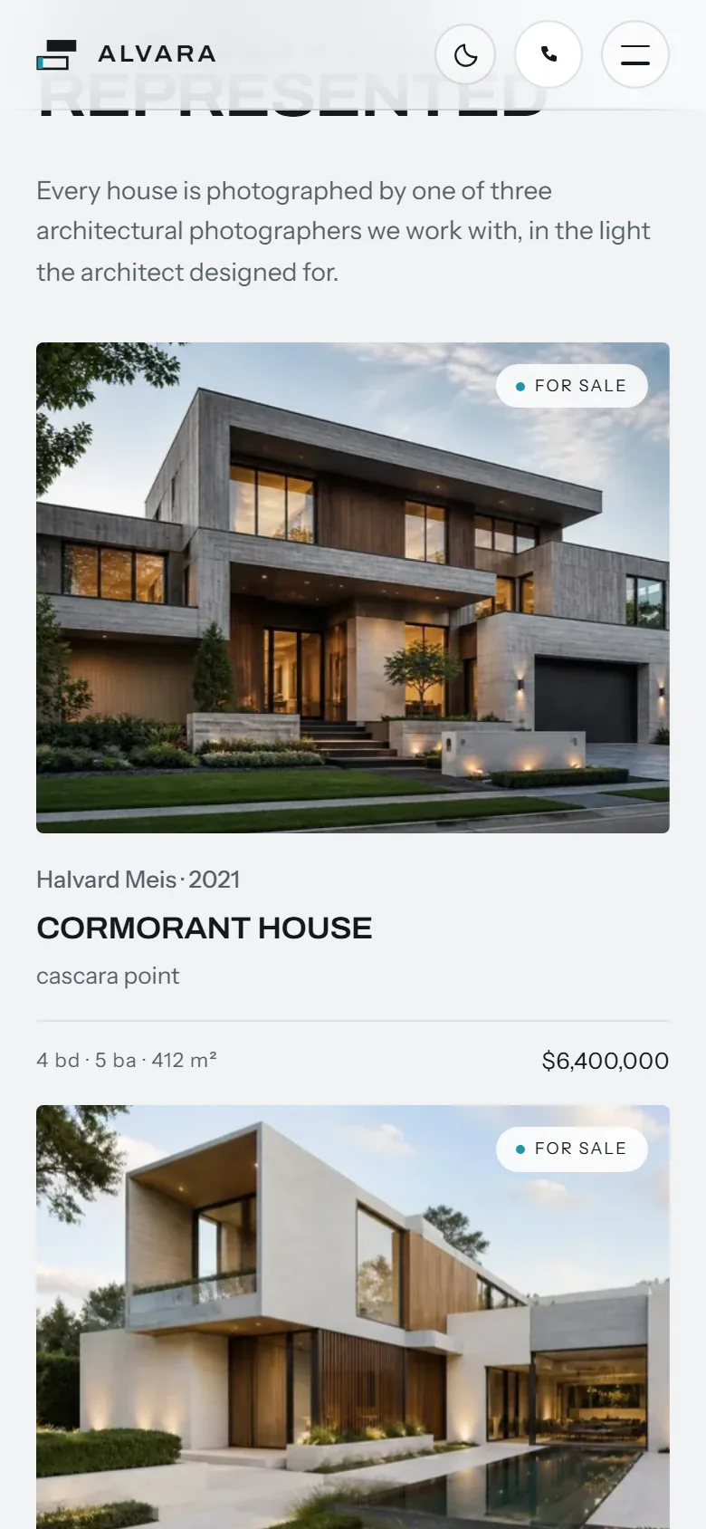 Alvara House further down the homepage on a phone