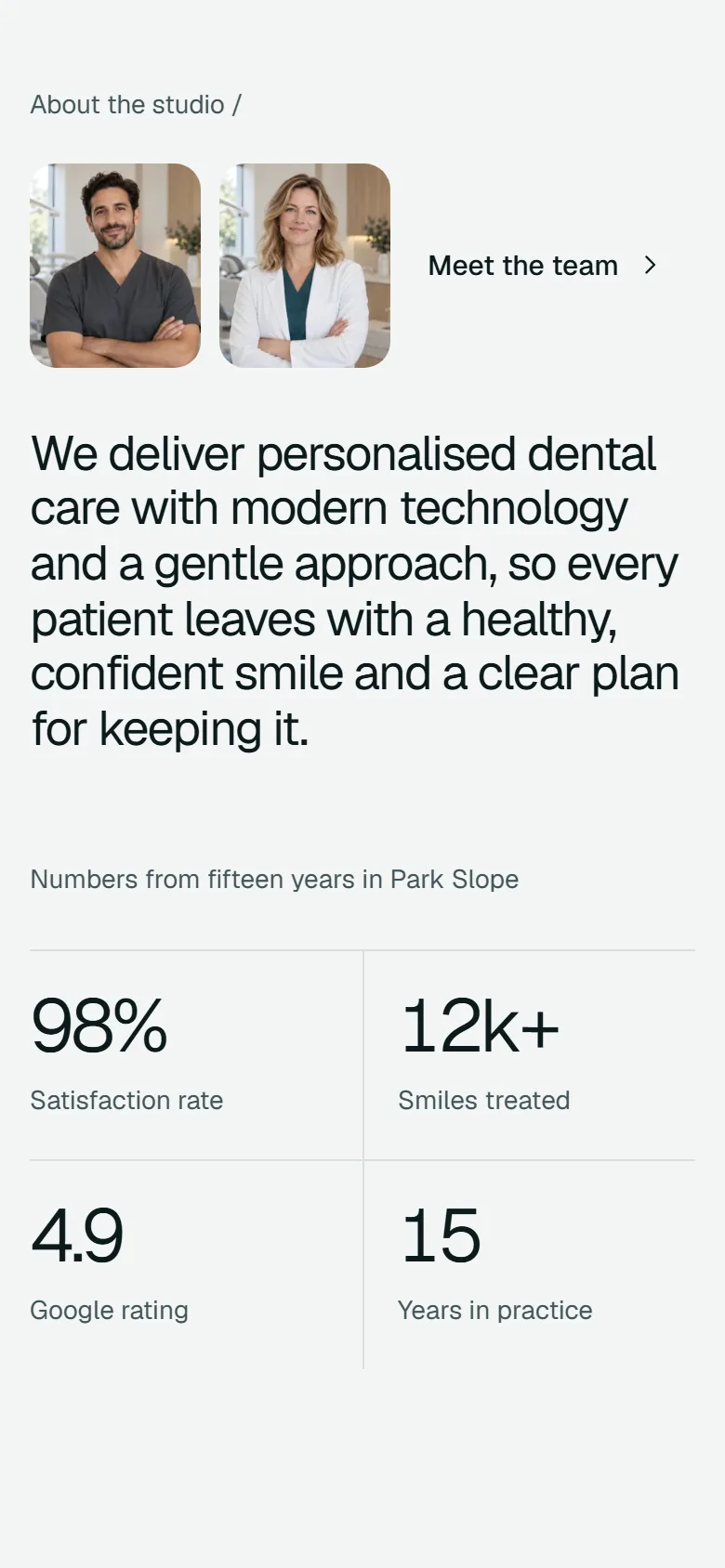 Aveline Dental further down the homepage on a phone