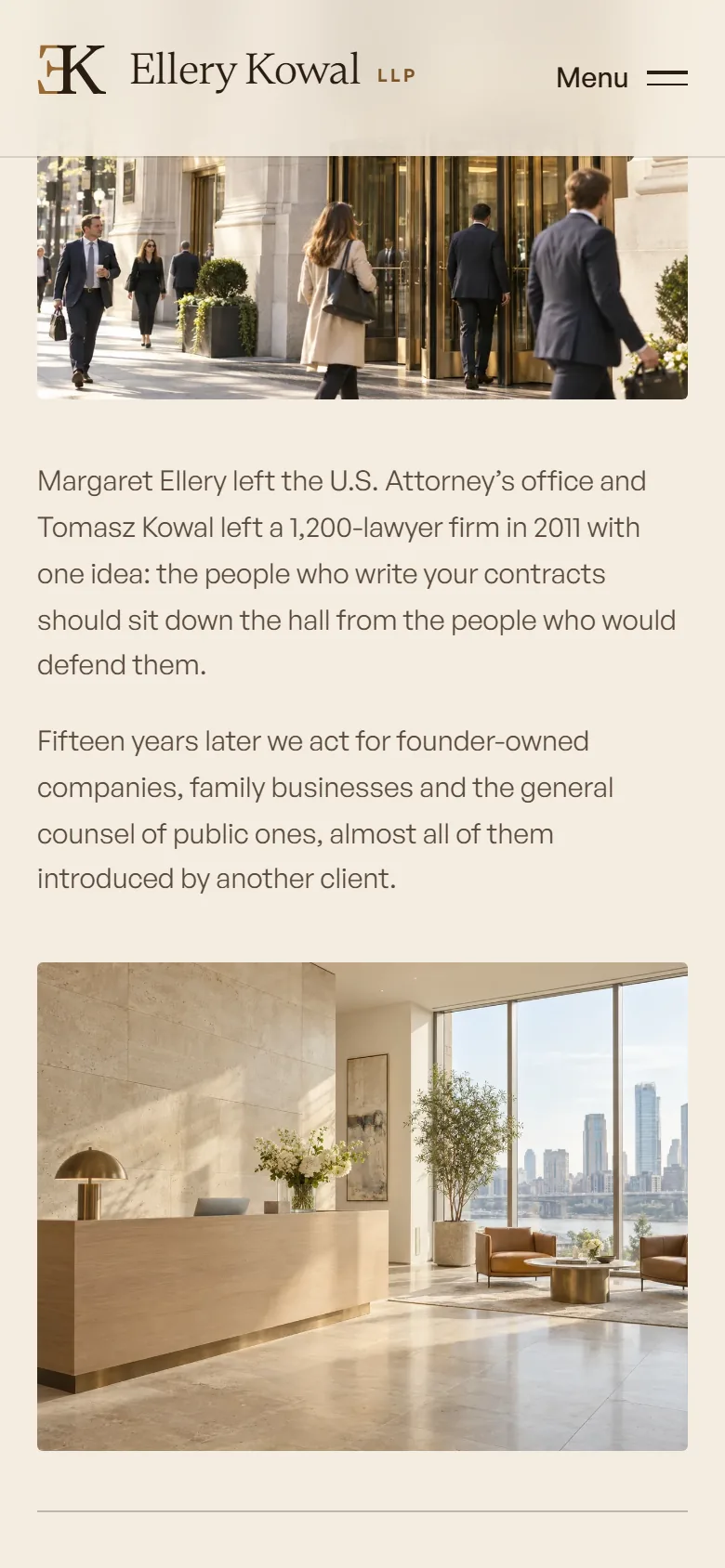 Ellery Kowal further down the homepage on a phone