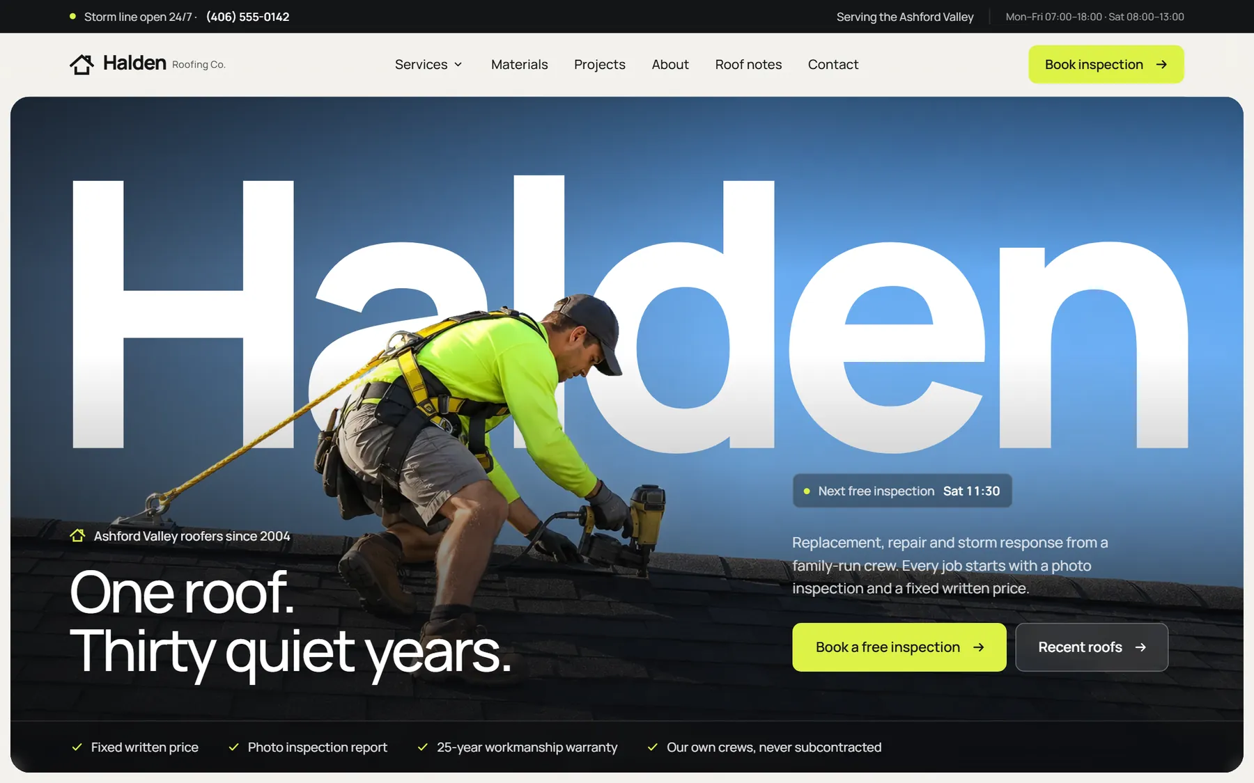 Halden Roofing homepage on desktop