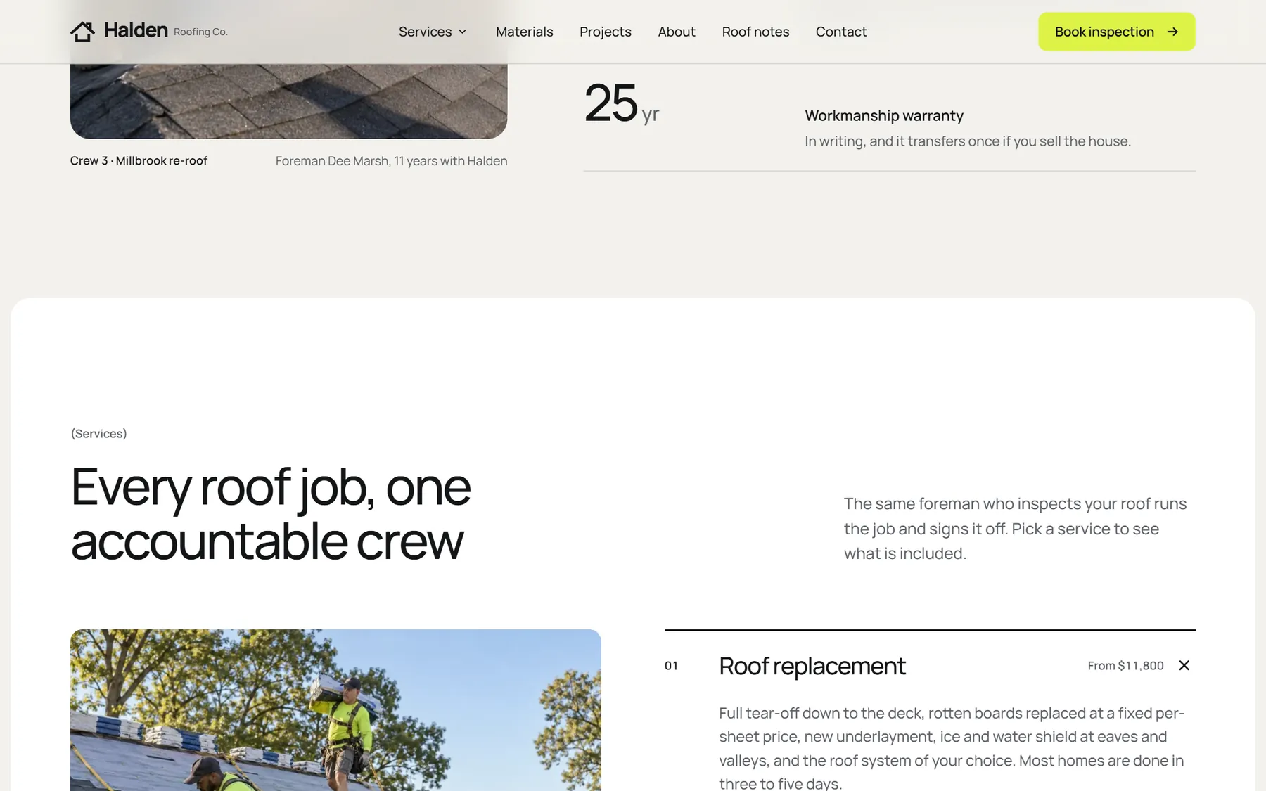 Halden Roofing, another section on desktop