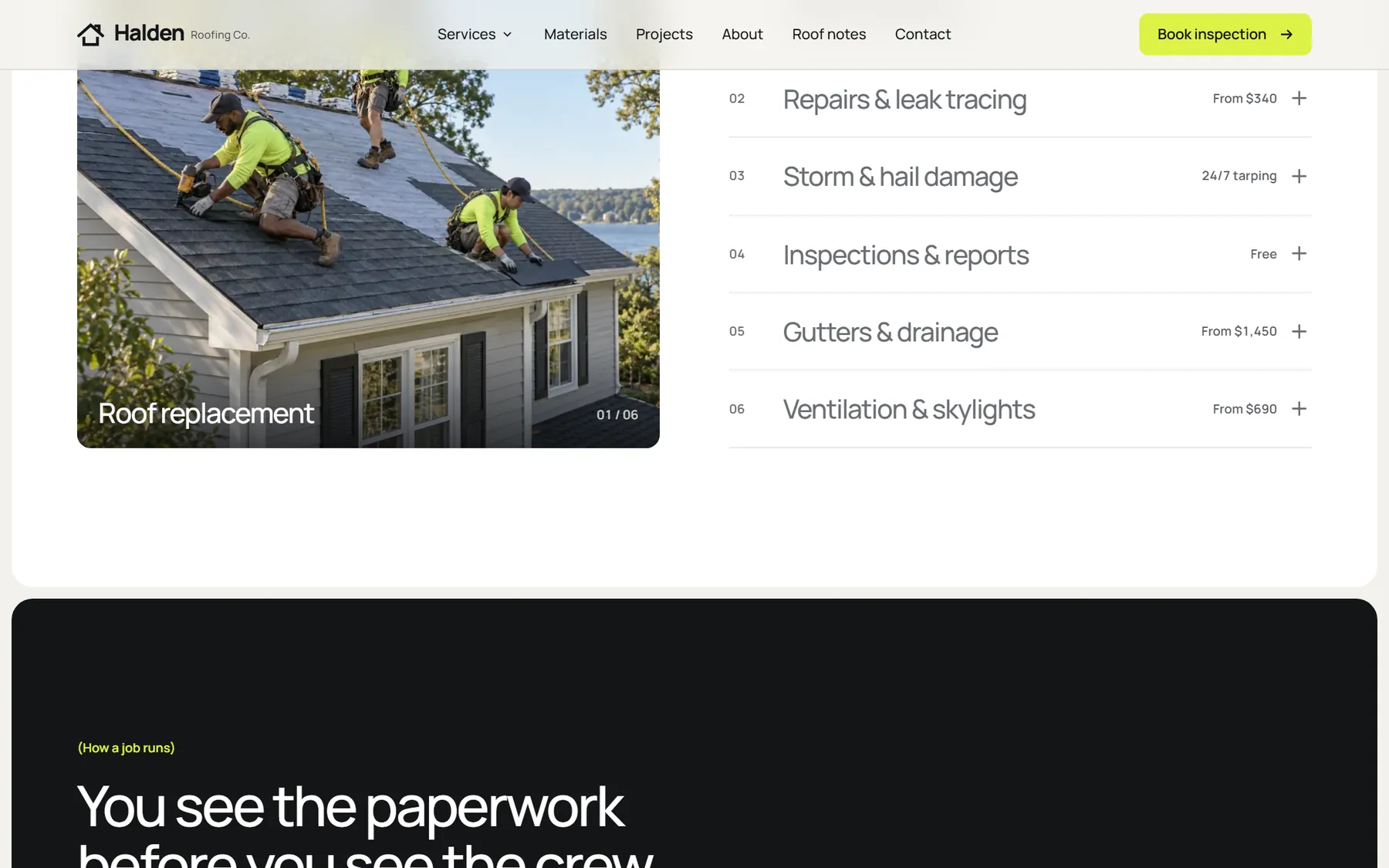 Halden Roofing website, screen 4