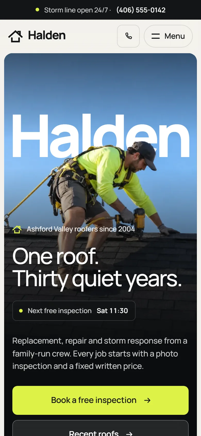 Halden Roofing homepage on a phone