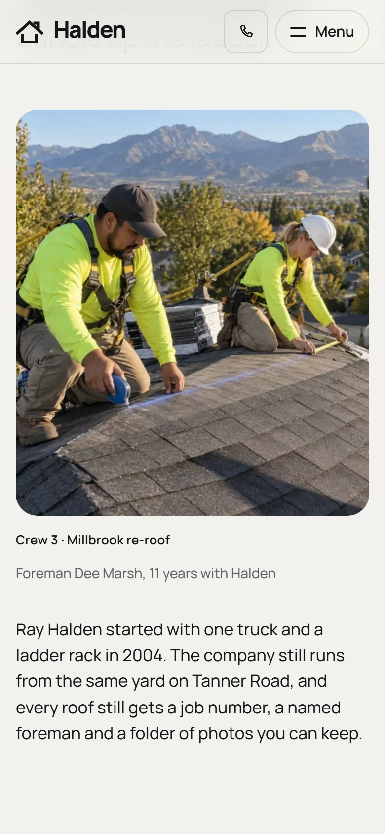 Halden Roofing further down the homepage on a phone