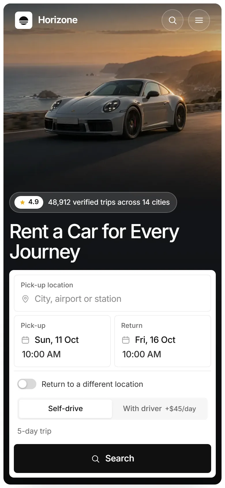 Horizone homepage on a phone
