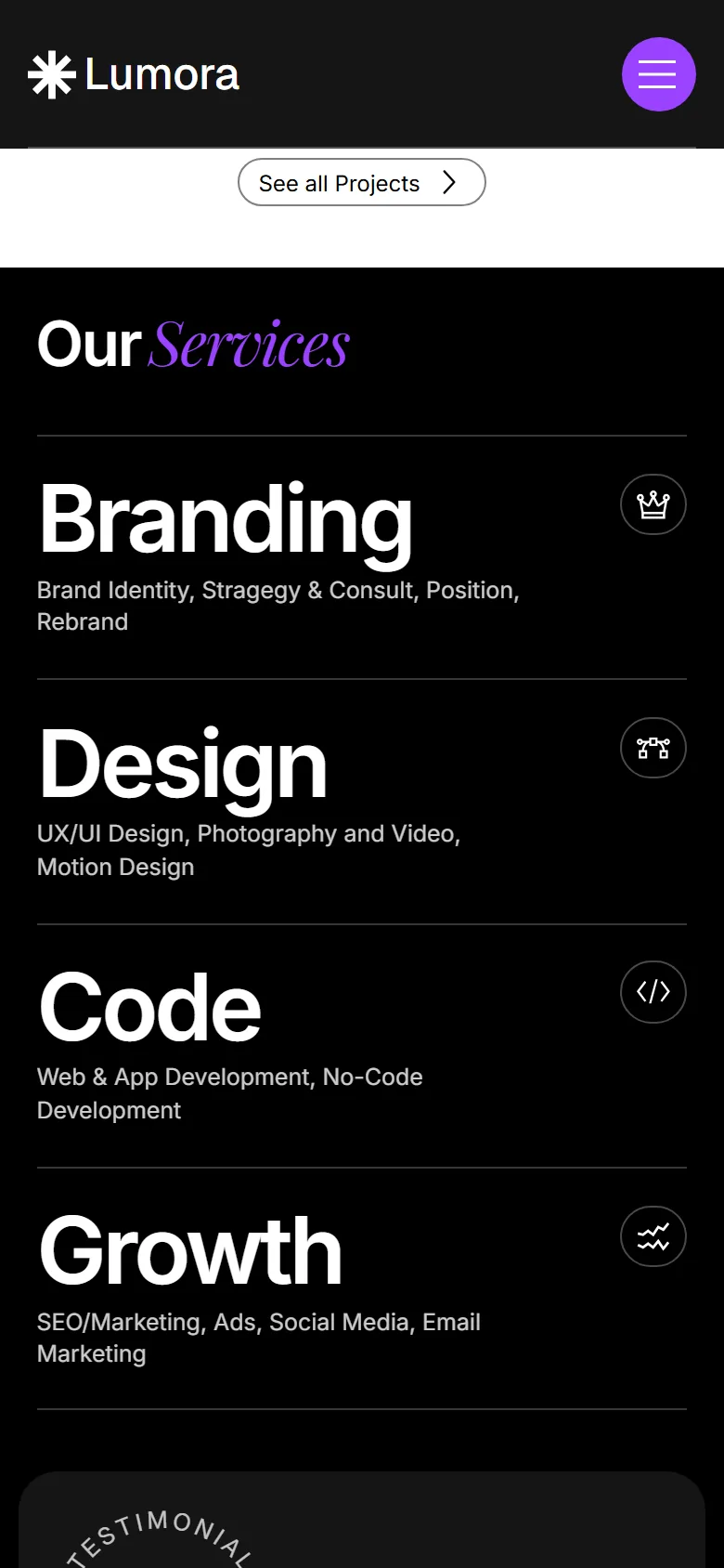 Lumora further down the homepage on a phone