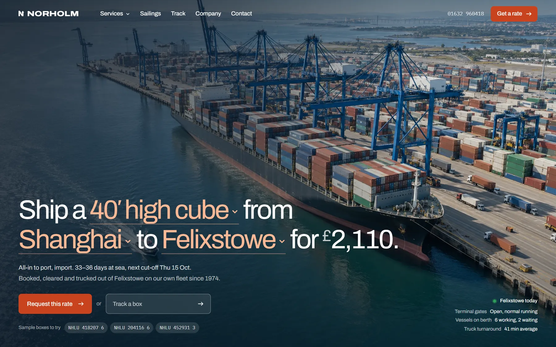 Norholm Freight homepage on desktop