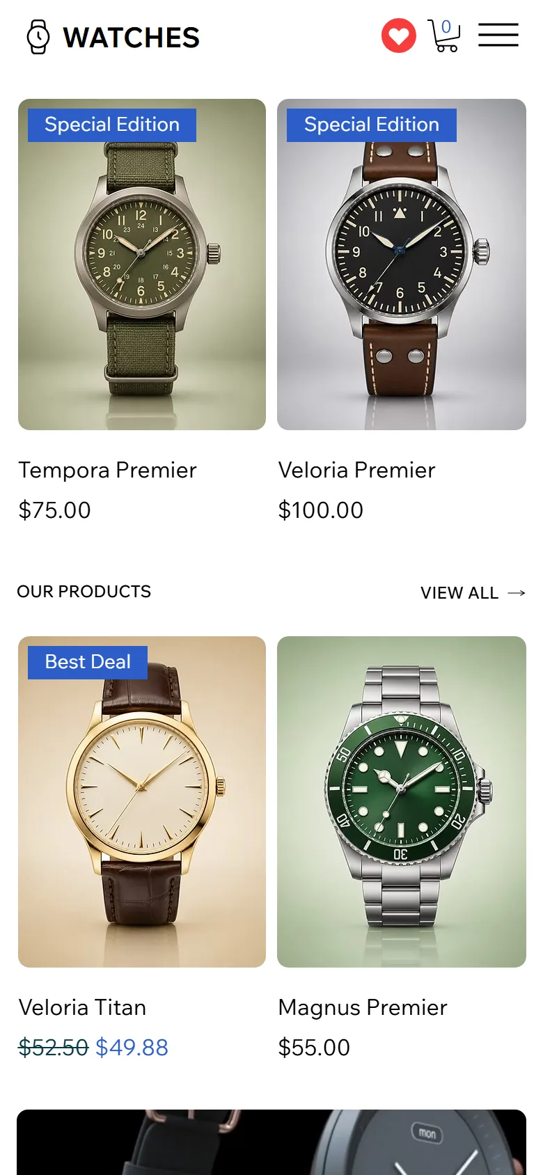 Watches further down the homepage on a phone
